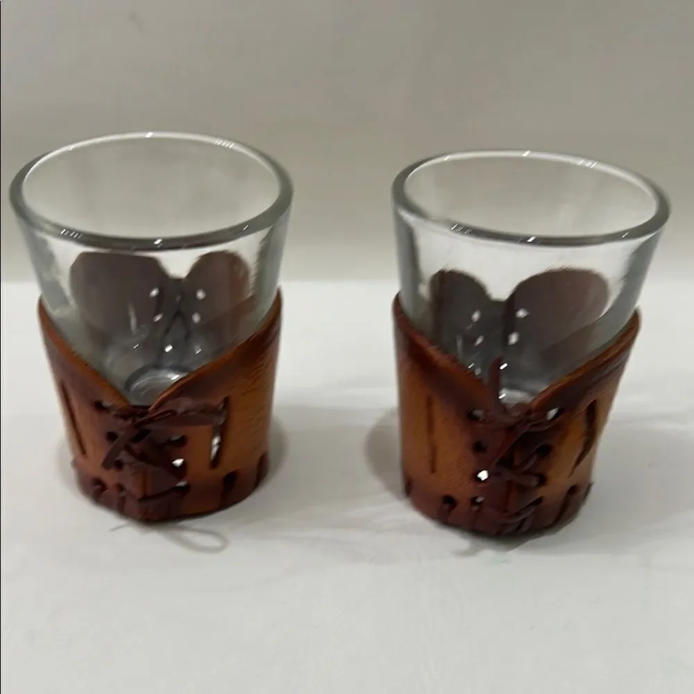 Brown Leather Corset Heart Shot Glasses Candle Holders 2 1/2 In Tall 1 3/4 Round